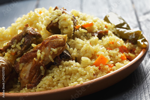 Rice pilaf with lamb closeup