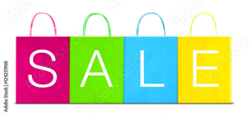 Four paper different colored shopping bags with SALE inscription