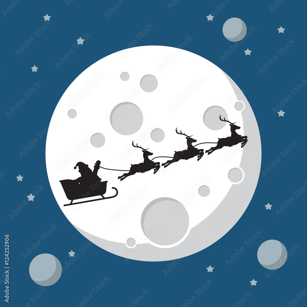 Naklejka premium Santa Claus and his reindeer sleigh in silhouette against moon