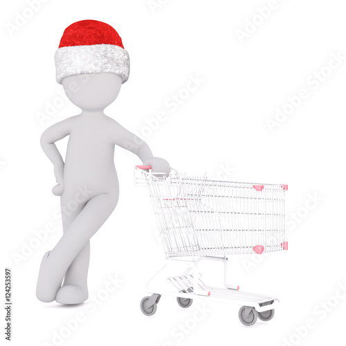 3D figure in hat with shopping cart over white © 3DMan.eu