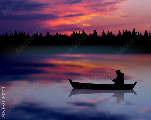 Fisherman in boat. Sunset river landscape
