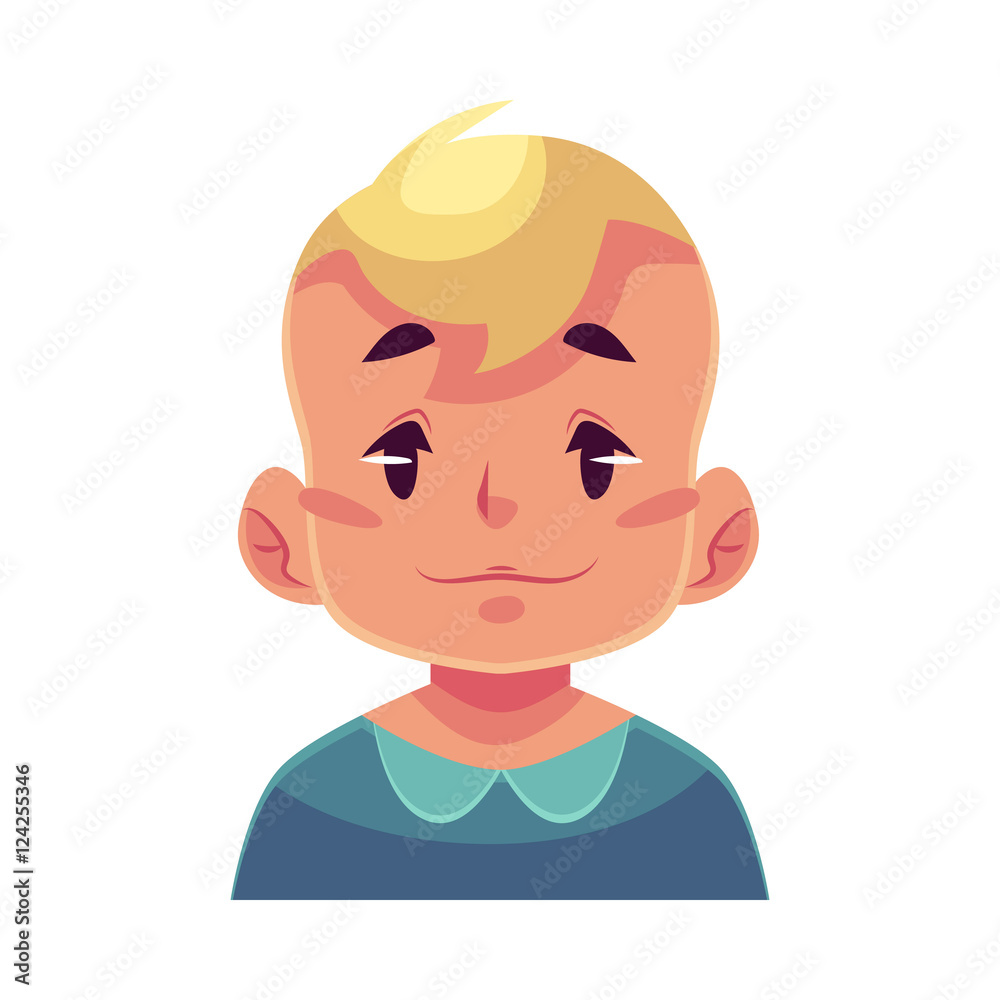 Little boy face, neutral facial expression, cartoon vector illustrations isolated on white background. Blond male kid emoji face feeling glad, serene, relaxed, delighted. Neutral face expression