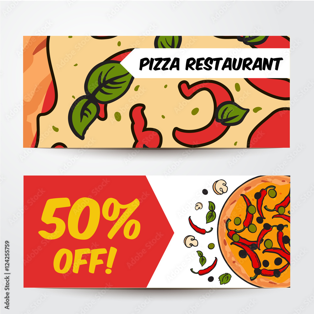 Two horizontal pizza banners with ingredients, colorful sketch style ...