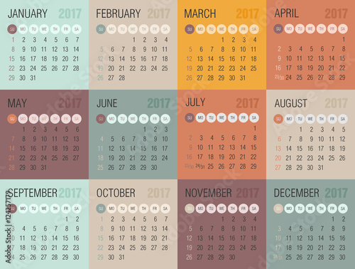Calendar 2017 year. Week starts from Sunday