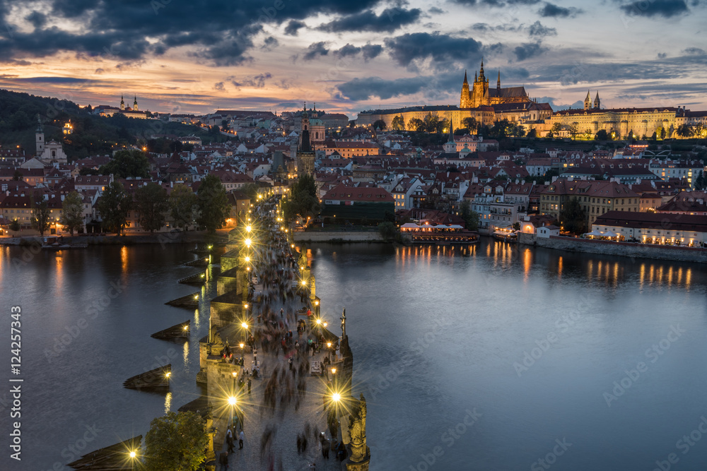 Prague, Czech Republic - 7 OCTOBER, 2016: Stunning view over Charles Bridge and Castle in Prague Czech Republic during sunset from above.