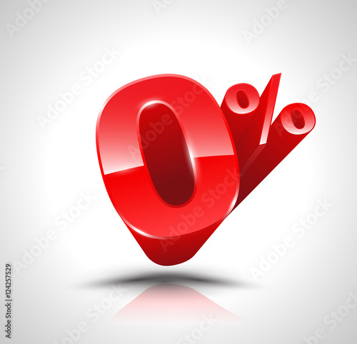 Red zero percent or 0 % isolated over white background with reflection. Vector illustration 3D style.