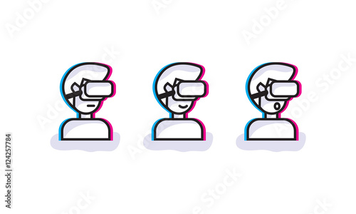 Icon set man in virtual reality glasses with emotions. Flat linear style.