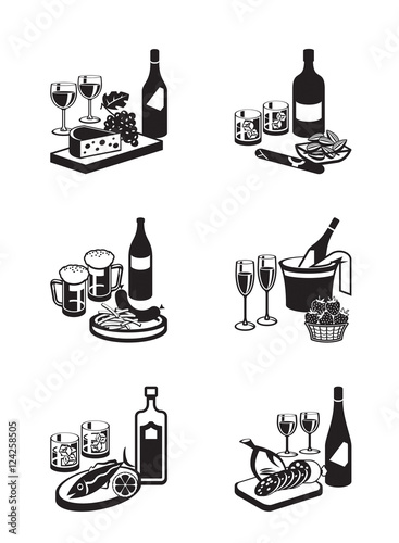 Alcoholic drinks with appetizers - vector illustration