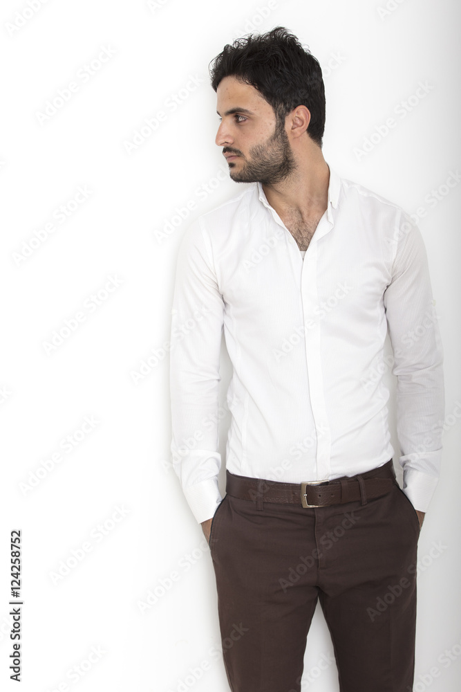 Caucasian man isolated on white background inside studio Caucasian man isolated on white background inside studio