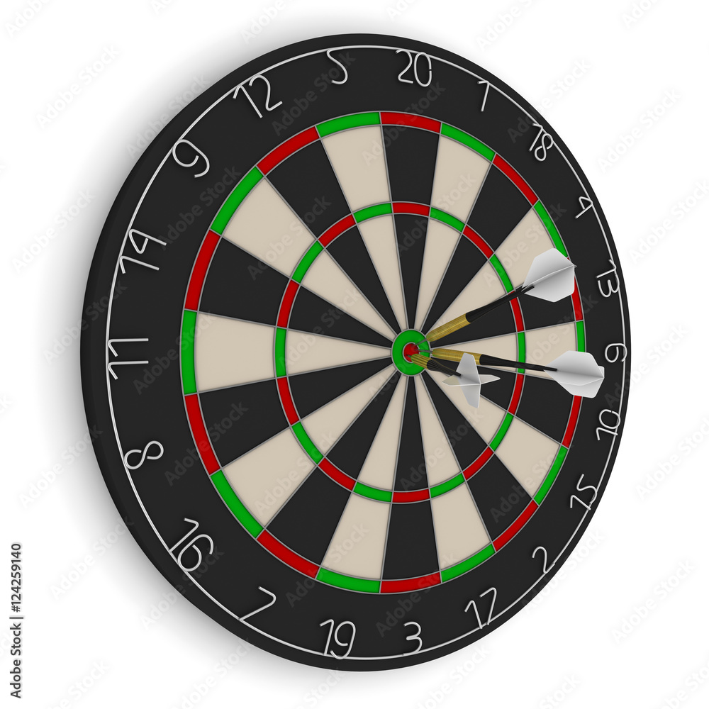 Dart Board with Three White Darts in Bullseye Isolated on White 3D Illustration Dart Board with Three White Darts in Bullseye Isolated on White 3D Illustration