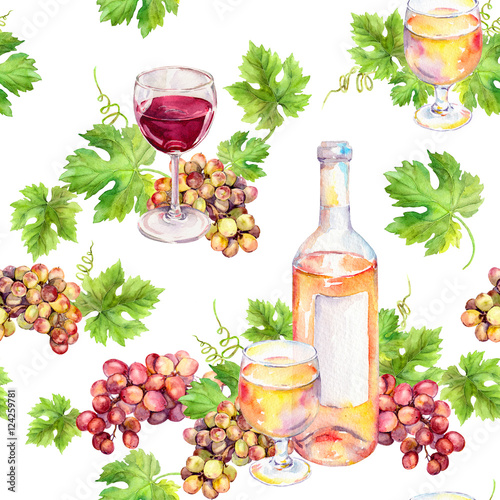 Repeated pattern. Wine glass  bottle  vine leaves  grape berries. Watercolor.