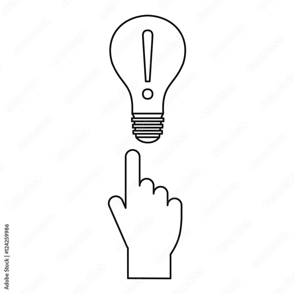 A finger pointer and light bulb with exclamation mark icon. Outline illustration of finger pointer and light bulb icon vector icon for web A finger pointer and light bulb with exclamation mark icon. Outline illustration of finger pointer and light bulb icon vector icon for web