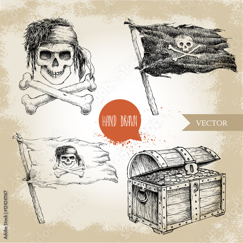 Hand drawn sketch style pirates set. Treasure chest, Jolly Roger, pirates flag.  Vintage retro vector illustration on grunge background.