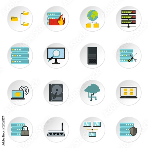 Database icons set. Flat illustration of 16 database vector icons for web