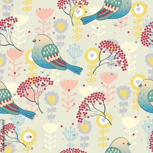 Seamless pattern with rowan berries and bird.