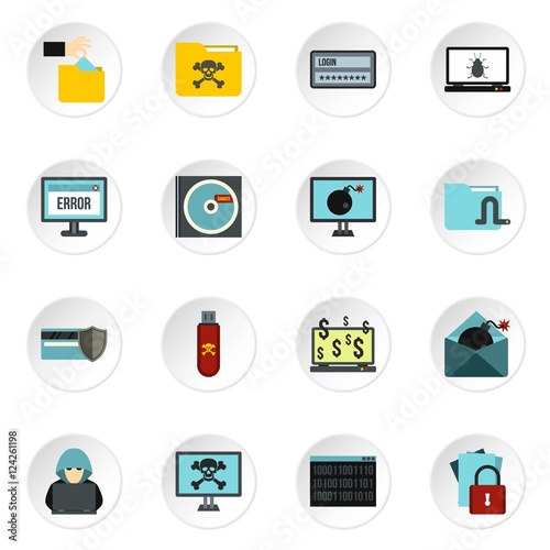 Hacking icons set. Flat illustration of 16 hacking vector icons for web