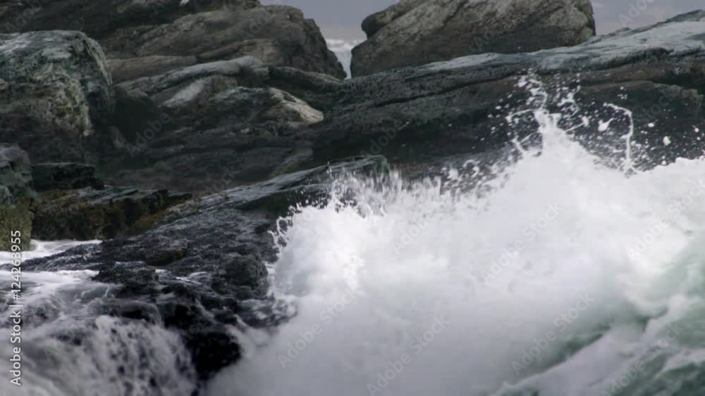 Slow motion of waves crashing on rocks by shore