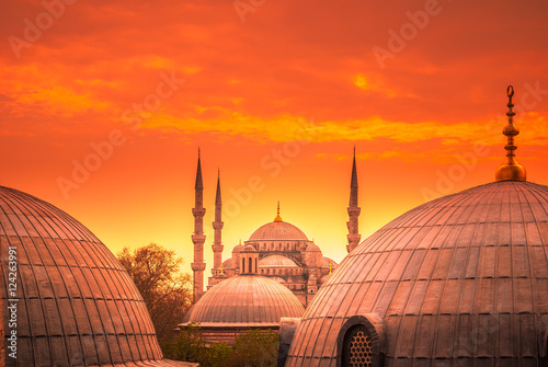 The Blue Mosque, Istanbul, Turkey. Sultanahmet Camii is one of the major attractions of the city. The photo was taken at sunset.