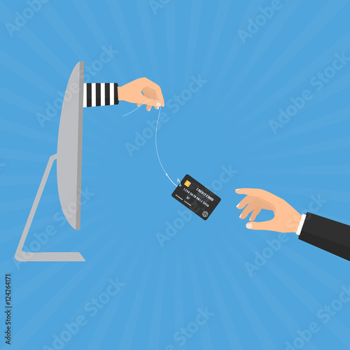 Hacker thief hand with fishing hook with credit cards from computer internet online and victim businessman hand. Vector illustration business and cyber crime concept design.