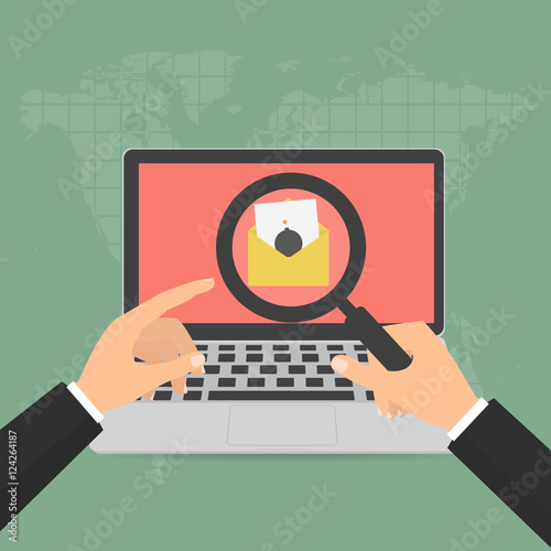 Hands holding magnifying glass with malware virus bomb email detected found on laptop. Vector illustration flat design computer technology online internet cyber crime protected concept.