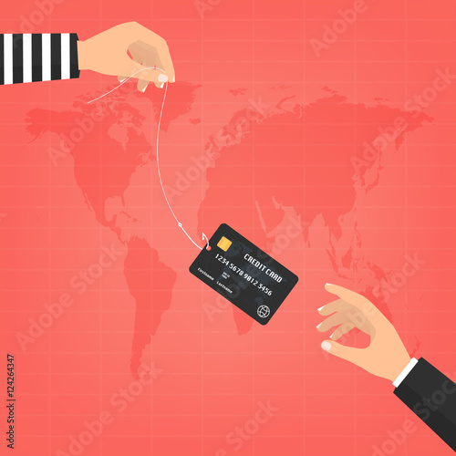 Thief hand with fishing hook with credit cards and victim businessman hand on world map background. Vector illustration business concept design.
