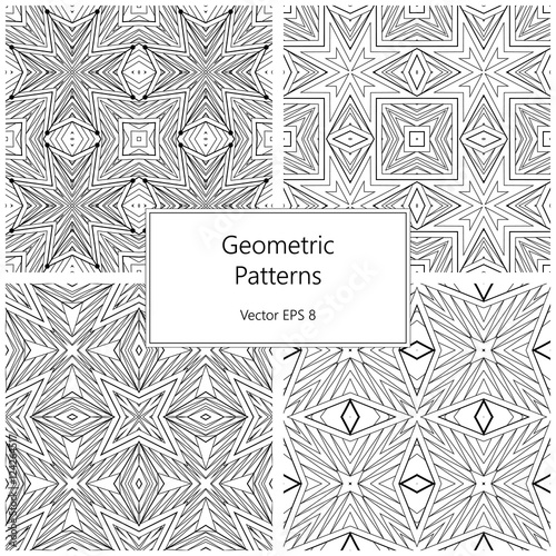 Vector set of four tribal minimalistic geometric black and white seamless patterns.