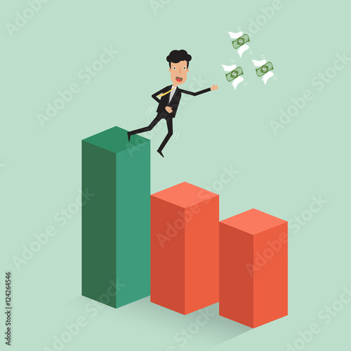 Businessman catch the money banknote flying with wing on stock graph fall down the risk red zone. Vector illustration business concept of stock market conceptual design.