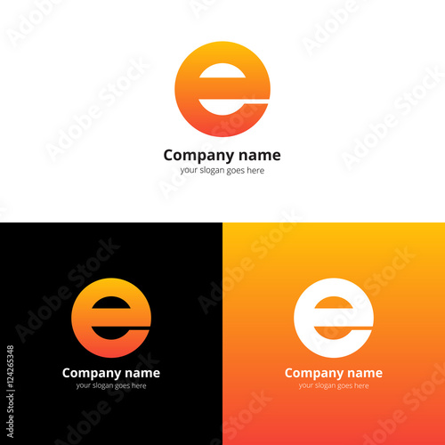 Letter E logo icon flat and vector design template. Decoration E with trend orange-yellow gradient color on white and black background. Minimalism, geometry creative symbol E in vector elements.