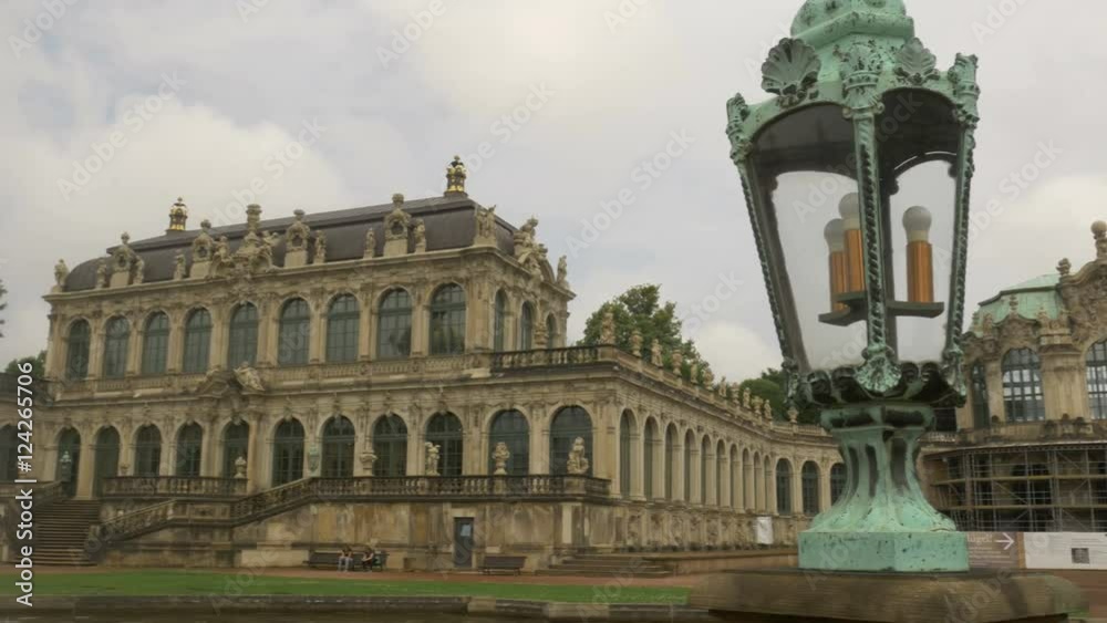 Pan from ornate lamp to fountain in Zwinger Palace in Dresden Pan from ornate lamp to fountain in Zwinger Palace in Dresden