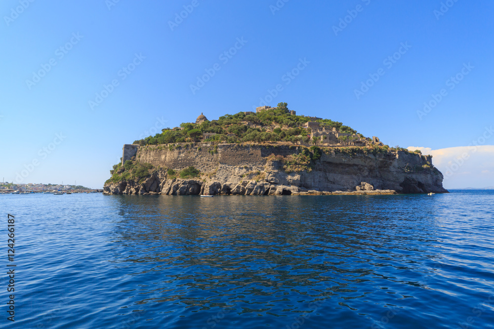 Aragonese castle in Ischia, a little island in the bay of Naples, air view