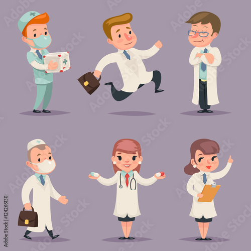 Doctor Different Positions and Actions Character Icons Set Medic Retro Cartoon Design Vector Illustration