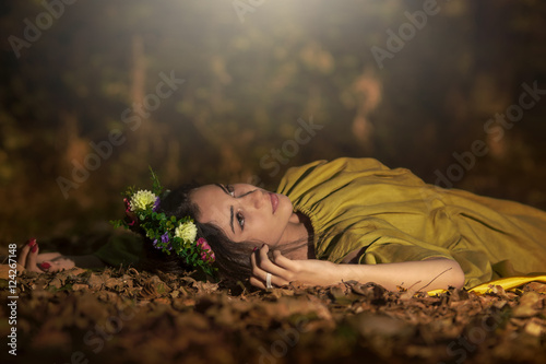 Quadro em tela Fantasy Fairy Tale Forest , young woman posing as nymph