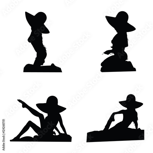 girl figure with hat set silhouette illustration