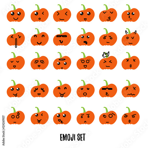 Big Halloween pumpkin emoji decoration faces in flat style. Pumpkin emotion styles for your design.