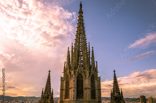 Barcelona Cathedral Towers rooftops at sunset