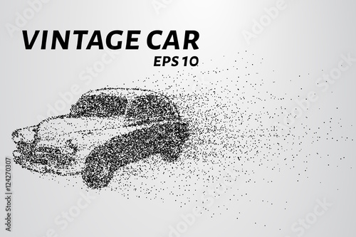 Car from the particles. Vintage car breaks down into molecules. Car of dots and circles. Vector illustration