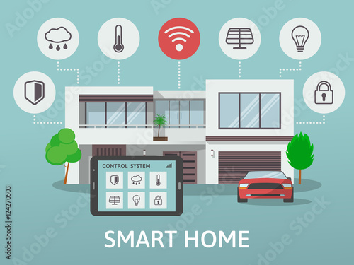 Modern Smart Home. Flat design style concept, technology system with centralized control. Vector illustration