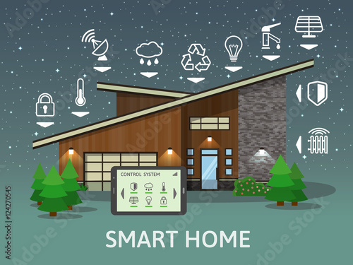 Modern Country Smart Home, at night. Flat design style concept, centralized control system. Vector illustration