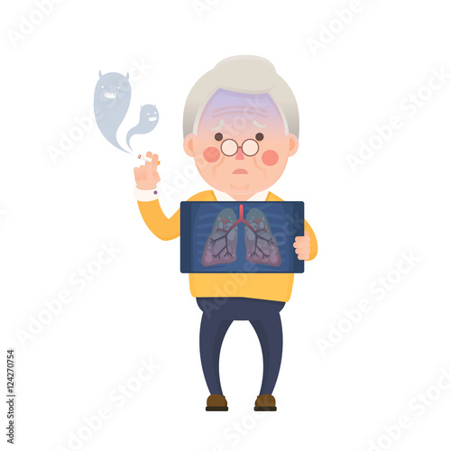 Vector Illustration of Old Man Smoking Cigarette While Holding X-ray Image Showing Lung Pulmonary Emphysema Problem, Cartoon Character, Devil Smoke
