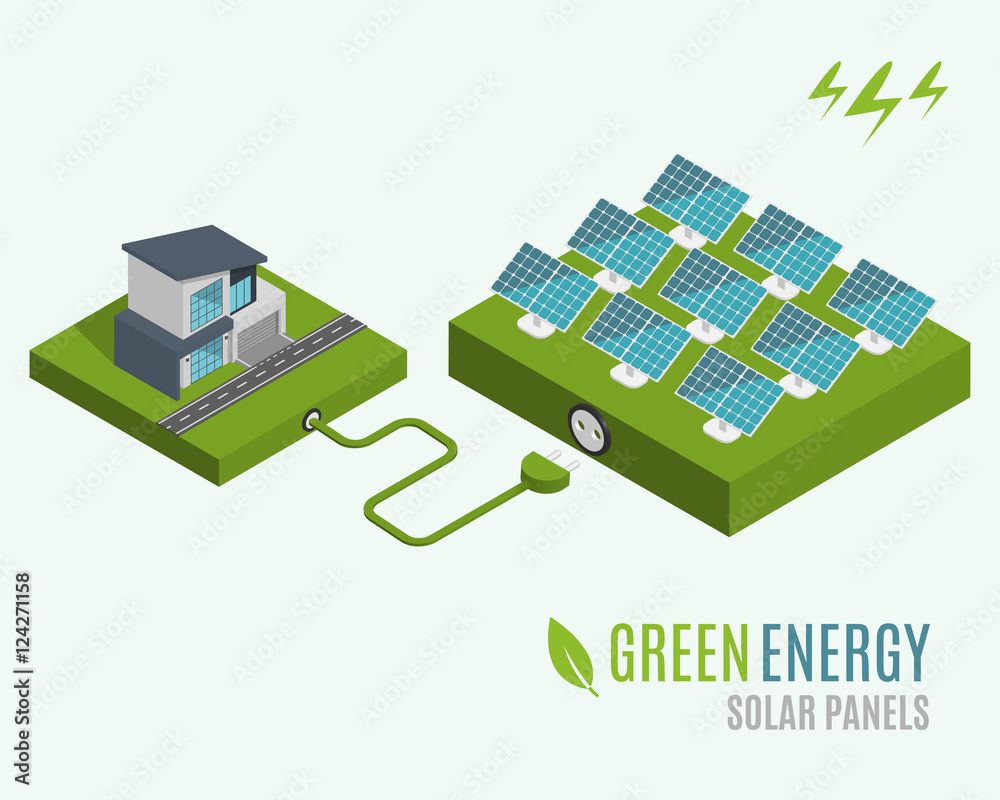 House with alternative Eco Green Energy, flat 3d web isometric infographic concept. Solar Panels set. Vector illustration House with alternative Eco Green Energy, flat 3d web isometric infographic concept. Solar Panels set. Vector illustration