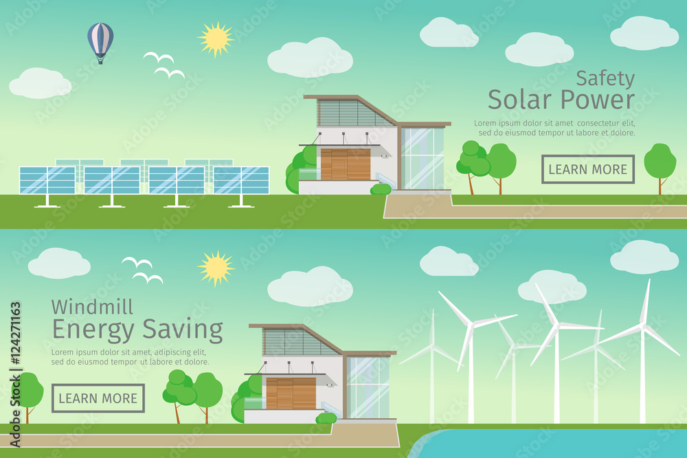 Modern Houses with alternative Eco Green Energy, flat web banners set concept. Wind Turbines and Solar Panels. Vector illustration