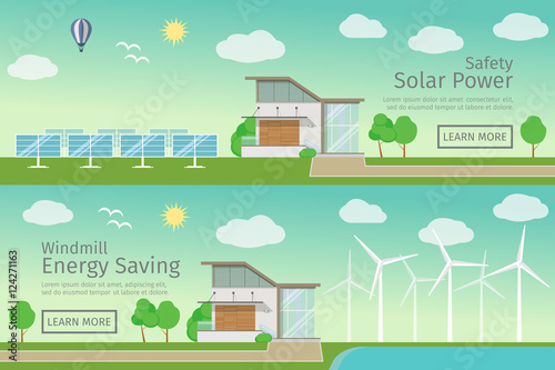 Modern Houses with alternative Eco Green Energy, flat web banners set concept. Wind Turbines and Solar Panels. Vector illustration