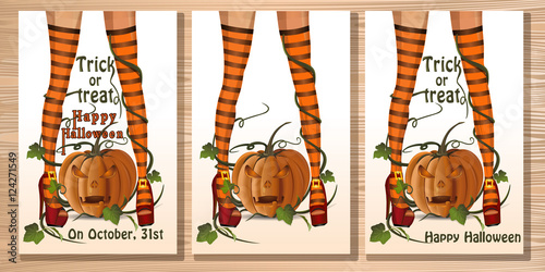Set Halloween card with sexy witch legs in striped stockings on a background of jack-o'-lantern. Vector illustration