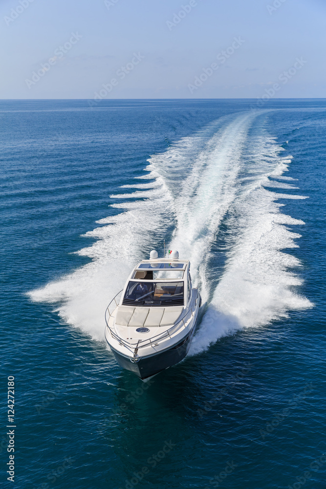 luxury motor boat, rio yachts italian shipyard, aerial view - obrazy, fototapety, plakaty 