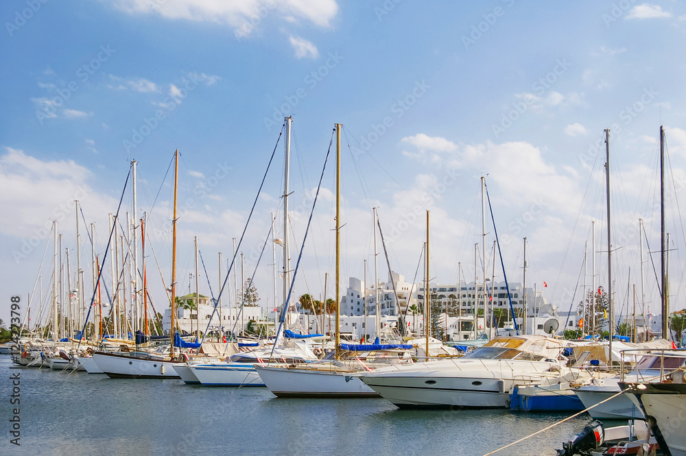 Sea port El Kantaoui, Tunisia. Many yachts moored to the pier.