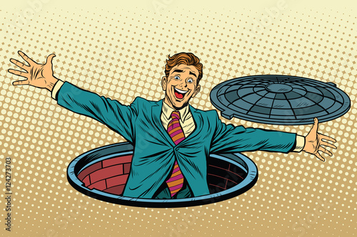 joyful man in the manhole