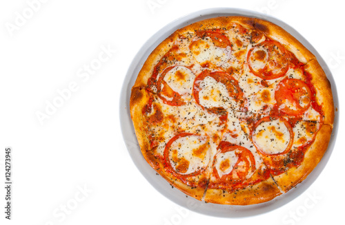 Italian margherita pizza with tomato, cheese, herbs and basil. isolated on white. top view