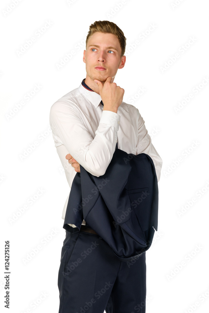 Thoughtful young businessman isolated on white background Thoughtful young businessman isolated on white background