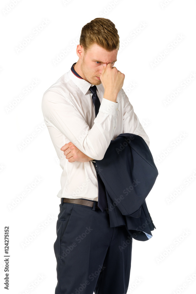Thoughtful young businessman isolated on white background Thoughtful young businessman isolated on white background