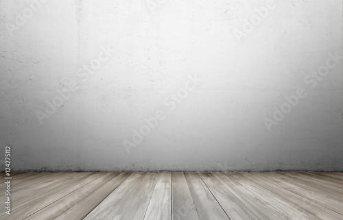 Rendering of interior with concrete wall and wooden floor.